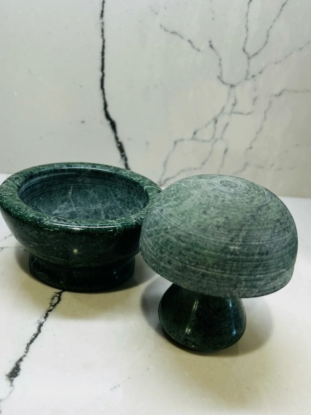 Vintage Mushroom Green Marble Stone Mortar and Pestle